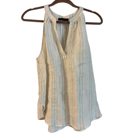 Maven West Women’s 100% linen Tank Top Striped V Neck Medium Beige Green - Picture 1 of 7